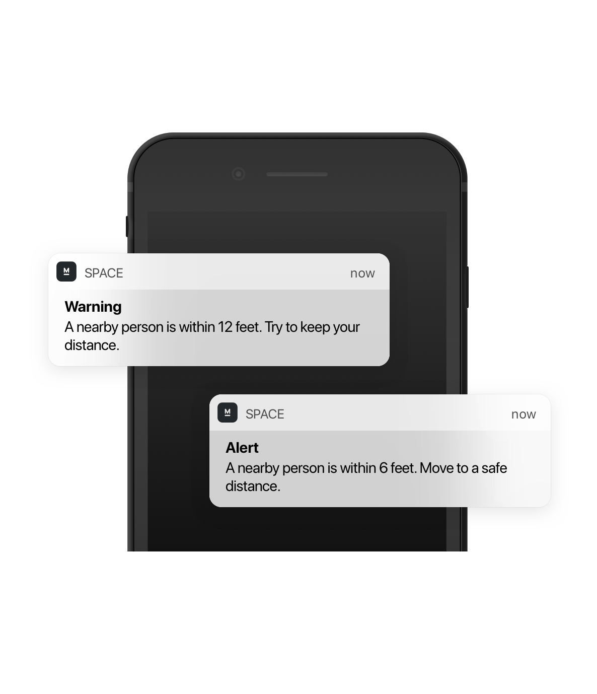 Secure contact tracing app: Mobile device screenshot showing a safe distance notification